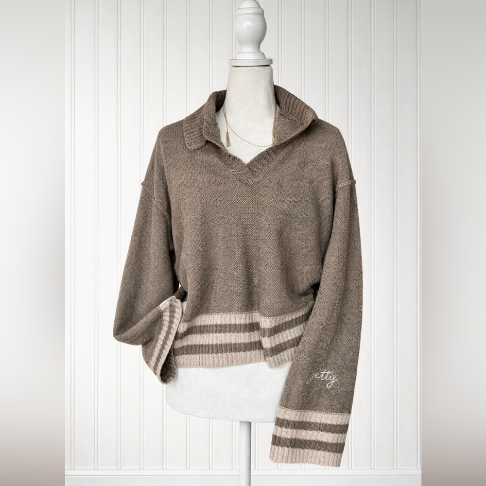 Jetty Knit Polo Sweater Womens L Taupe/Dark Gray Striped Hem Merino Wool